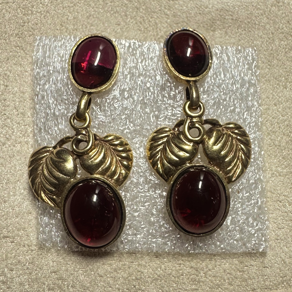 Floral Garnet Dangling Vermeil Earrings, Mfa, Mid 1900s